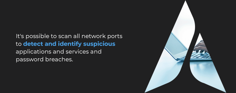 It's possible to scan all network ports to detect and identify suspicious applications and services and password breaches.