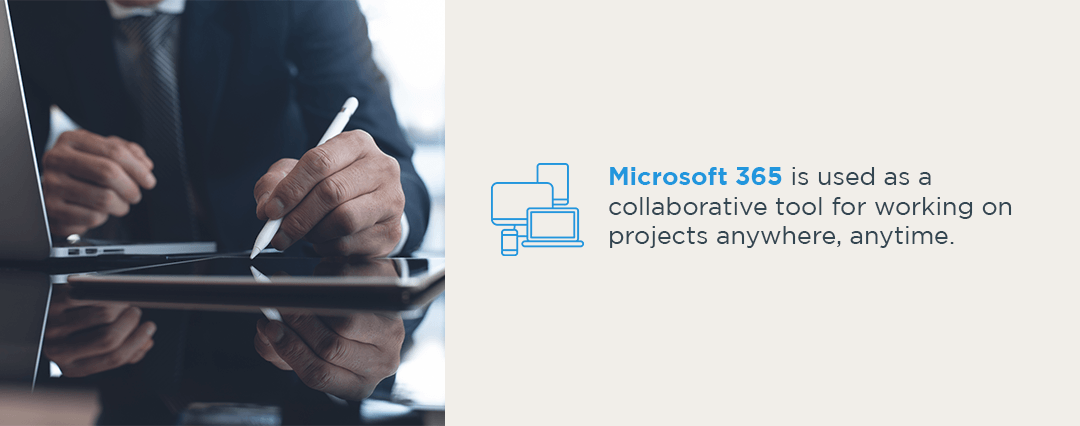 microsoft 365 is used as a collaborative tool for working on project anywhere